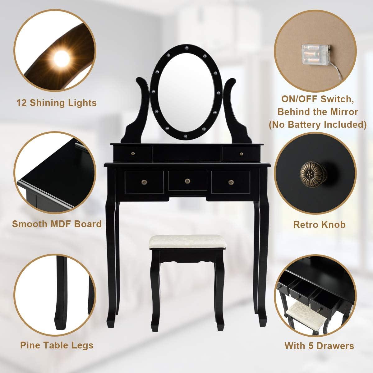 image:imageGiantex Vanity Set with Lighted Mirror Makeup Table with 10 Rose Light Modern Dressing Desk with Cushioned Stool 3 Drawers and 360 Rotating Mirror for Bedroom Vanity Table with Stool BlackBlack
