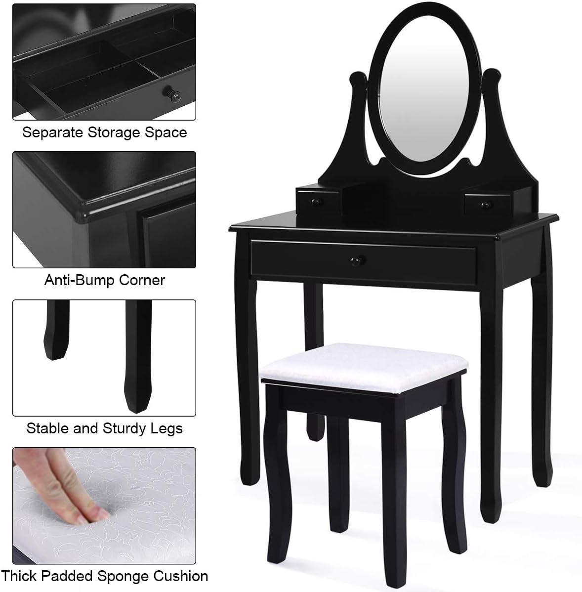 image:imageGiantex Vanity Set with Lighted Mirror Makeup Table with 10 Rose Light Modern Dressing Desk with Cushioned Stool 3 Drawers and 360 Rotating Mirror for Bedroom Vanity Table with Stool BlackBlack