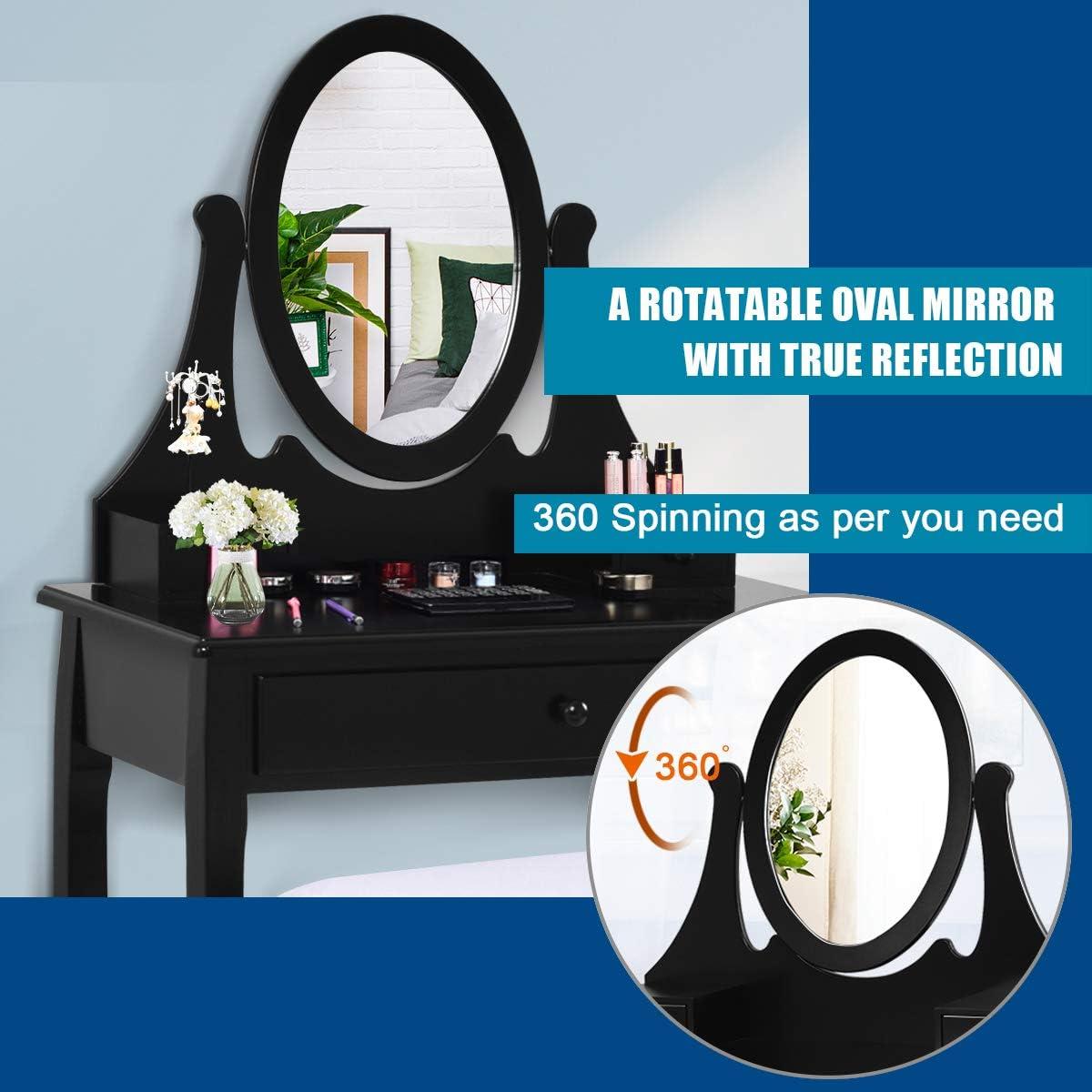image:imageGiantex Vanity Set with Lighted Mirror Makeup Table with 10 Rose Light Modern Dressing Desk with Cushioned Stool 3 Drawers and 360 Rotating Mirror for Bedroom Vanity Table with Stool BlackBlack