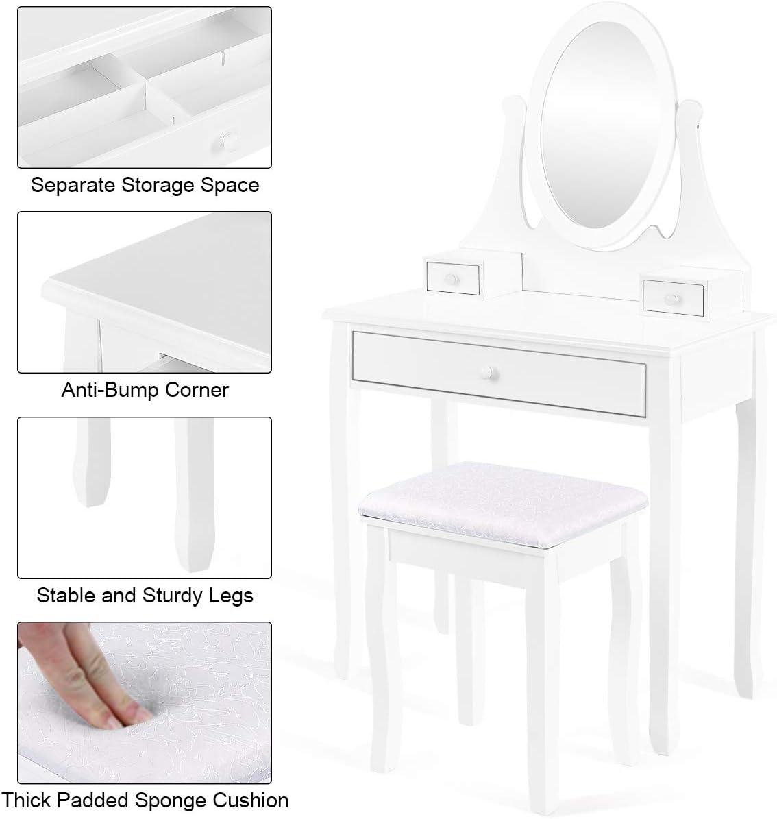 image:imageGiantex Vanity Set with Lighted Mirror Makeup Table with 10 Rose Light Modern Dressing Desk with Cushioned Stool 3 Drawers and 360 Rotating Mirror for Bedroom Vanity Table with Stool BlackWhite