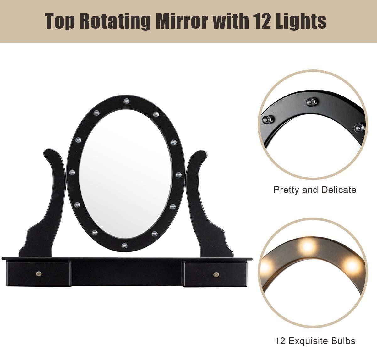image:imageGiantex Vanity Set with Lighted Mirror Makeup Table with 10 Rose Light Modern Dressing Desk with Cushioned Stool 3 Drawers and 360 Rotating Mirror for Bedroom Vanity Table with Stool BlackBlack