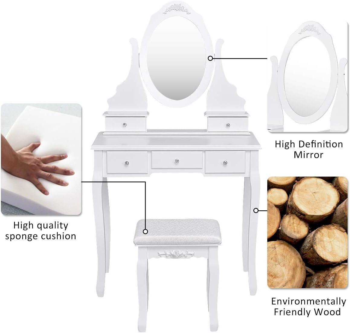 image:imageGiantex Vanity Set with Lighted Mirror Makeup Table with 10 Rose Light Modern Dressing Desk with Cushioned Stool 3 Drawers and 360 Rotating Mirror for Bedroom Vanity Table with Stool BlackWhite