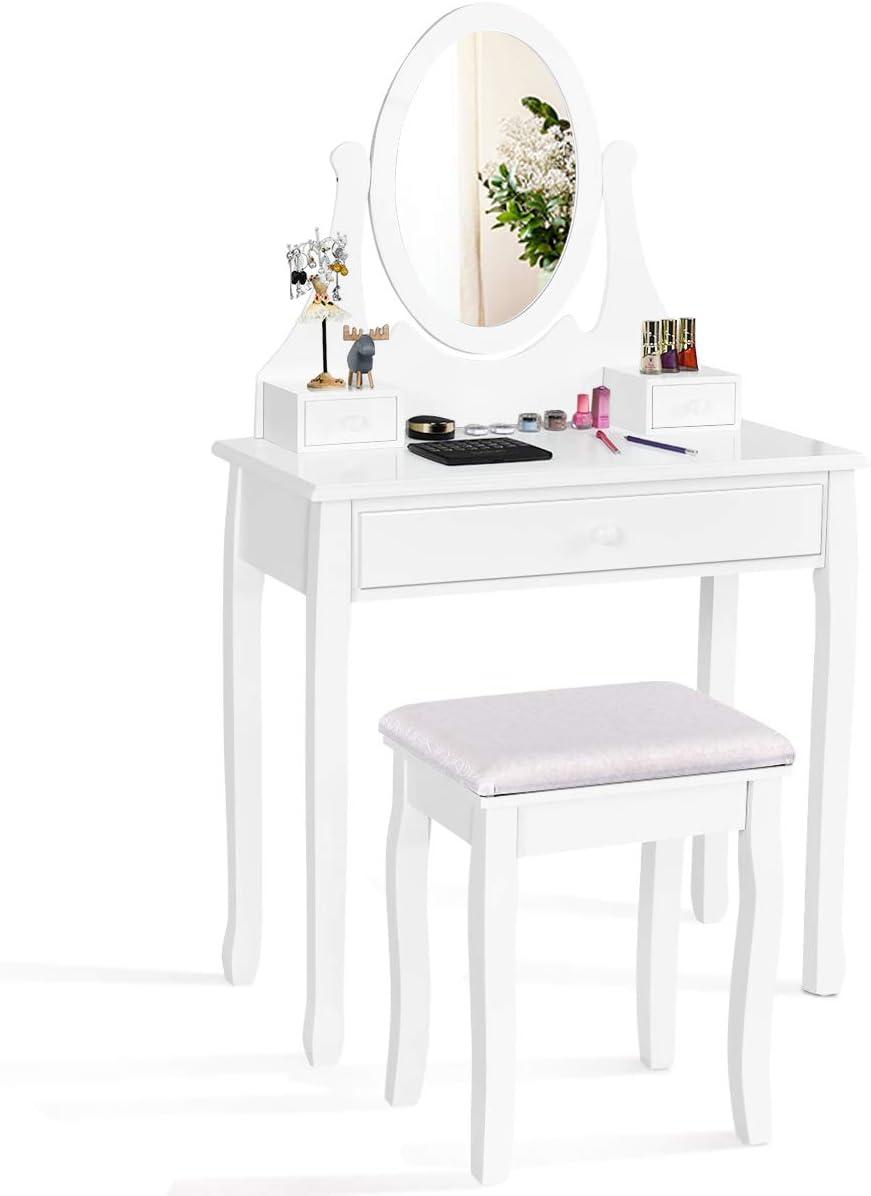 image:imageGiantex Vanity Set with Lighted Mirror Makeup Table with 10 Rose Light Modern Dressing Desk with Cushioned Stool 3 Drawers and 360 Rotating Mirror for Bedroom Vanity Table with Stool BlackWhite