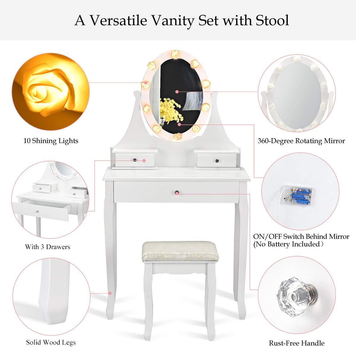 image:imageGiantex Vanity Set with Lighted Mirror Makeup Table with 10 Rose Light Modern Dressing Desk with Cushioned Stool 3 Drawers and 360 Rotating Mirror for Bedroom Vanity Table with Stool BlackWhite