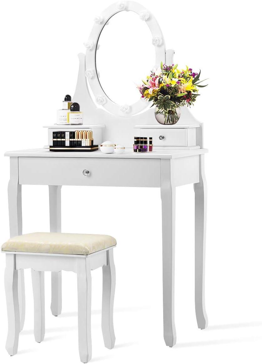 image:imageGiantex Vanity Set with Lighted Mirror Makeup Table with 10 Rose Light Modern Dressing Desk with Cushioned Stool 3 Drawers and 360 Rotating Mirror for Bedroom Vanity Table with Stool BlackWhite