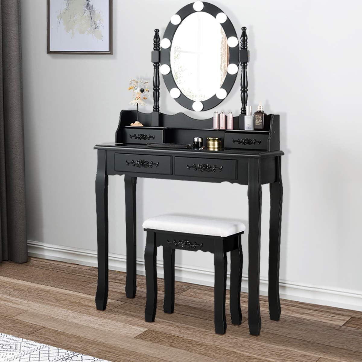 image:imageGiantex Vanity Set with Lighted Mirror Makeup Table with 10 Rose Light Modern Dressing Desk with Cushioned Stool 3 Drawers and 360 Rotating Mirror for Bedroom Vanity Table with Stool BlackBlack