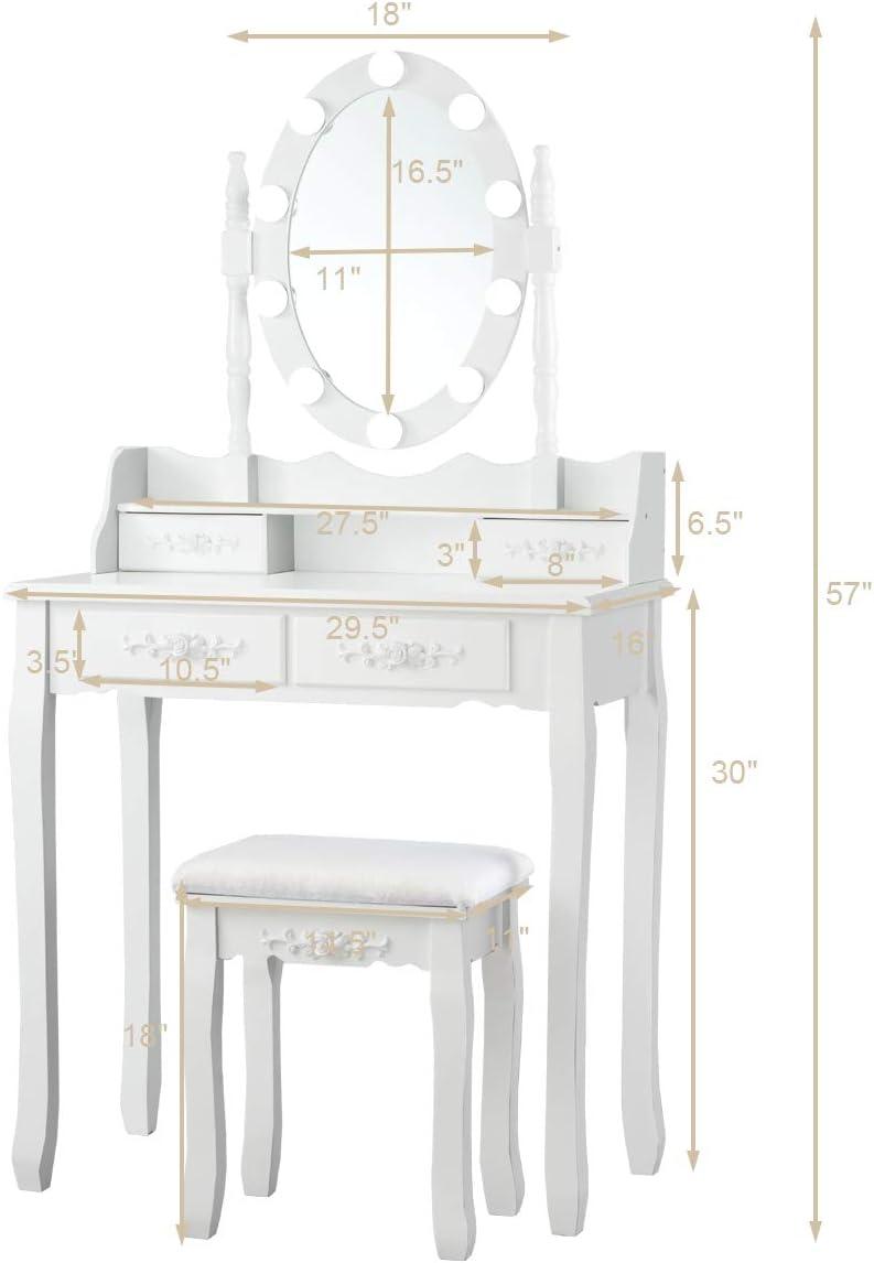image:imageGiantex Vanity Set with Lighted Mirror Makeup Table with 10 Rose Light Modern Dressing Desk with Cushioned Stool 3 Drawers and 360 Rotating Mirror for Bedroom Vanity Table with Stool BlackWhite