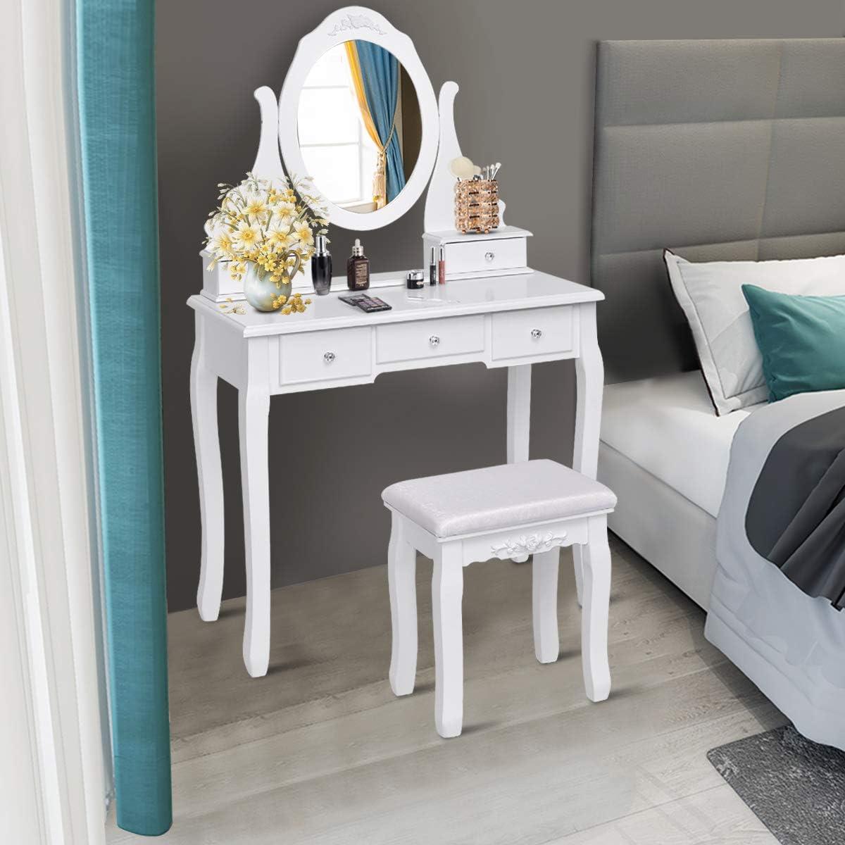 image:imageGiantex Vanity Set with Lighted Mirror Makeup Table with 10 Rose Light Modern Dressing Desk with Cushioned Stool 3 Drawers and 360 Rotating Mirror for Bedroom Vanity Table with Stool BlackWhite