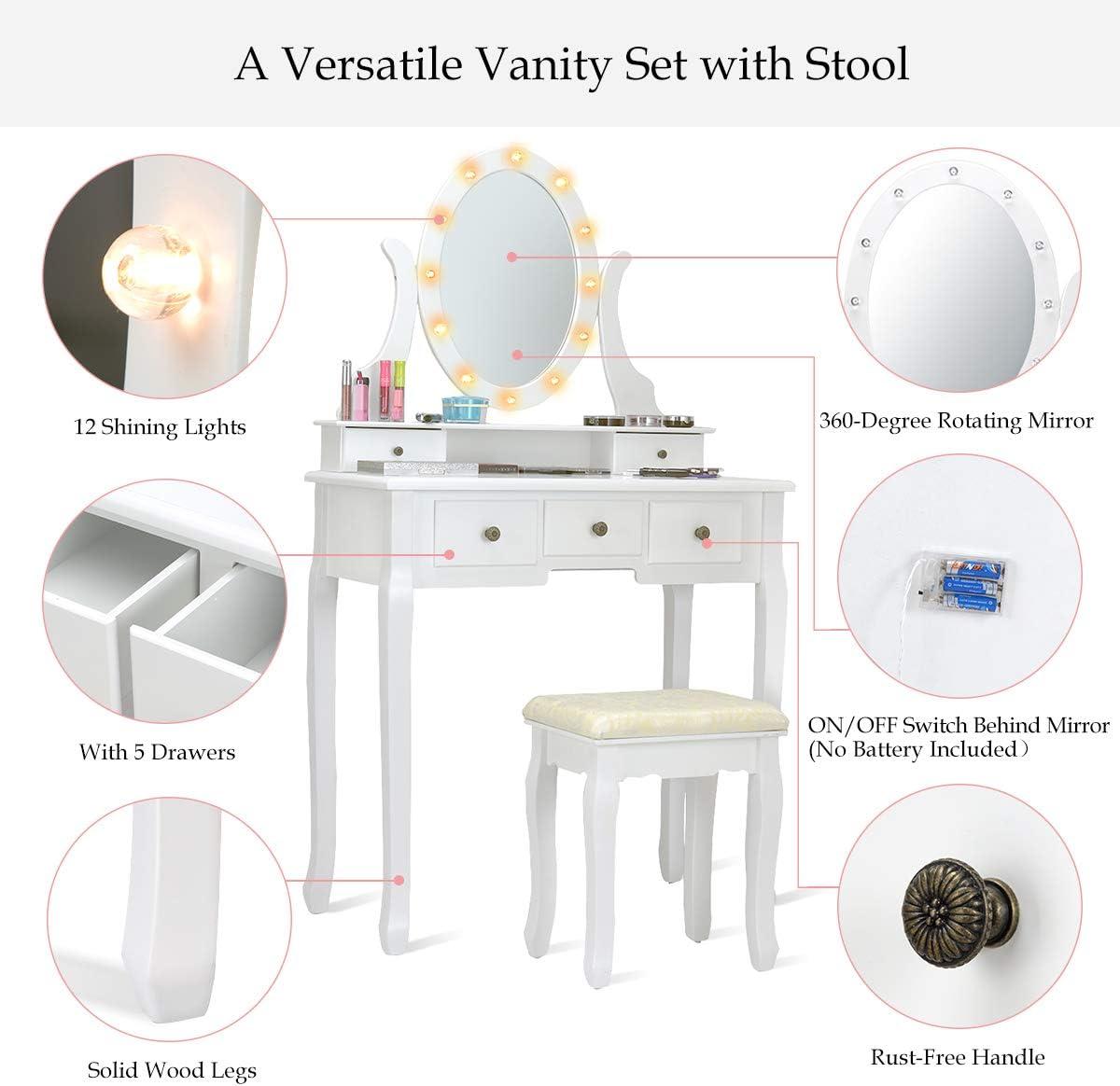 image:imageGiantex Vanity Set with Lighted Mirror Makeup Table with 10 Rose Light Modern Dressing Desk with Cushioned Stool 3 Drawers and 360 Rotating Mirror for Bedroom Vanity Table with Stool BlackWhite