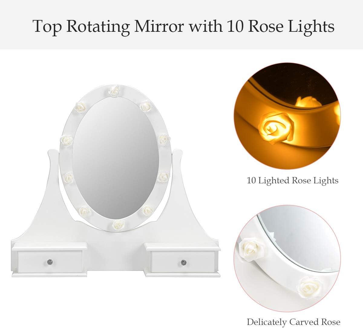 image:imageGiantex Vanity Set with Lighted Mirror Makeup Table with 10 Rose Light Modern Dressing Desk with Cushioned Stool 3 Drawers and 360 Rotating Mirror for Bedroom Vanity Table with Stool BlackWhite