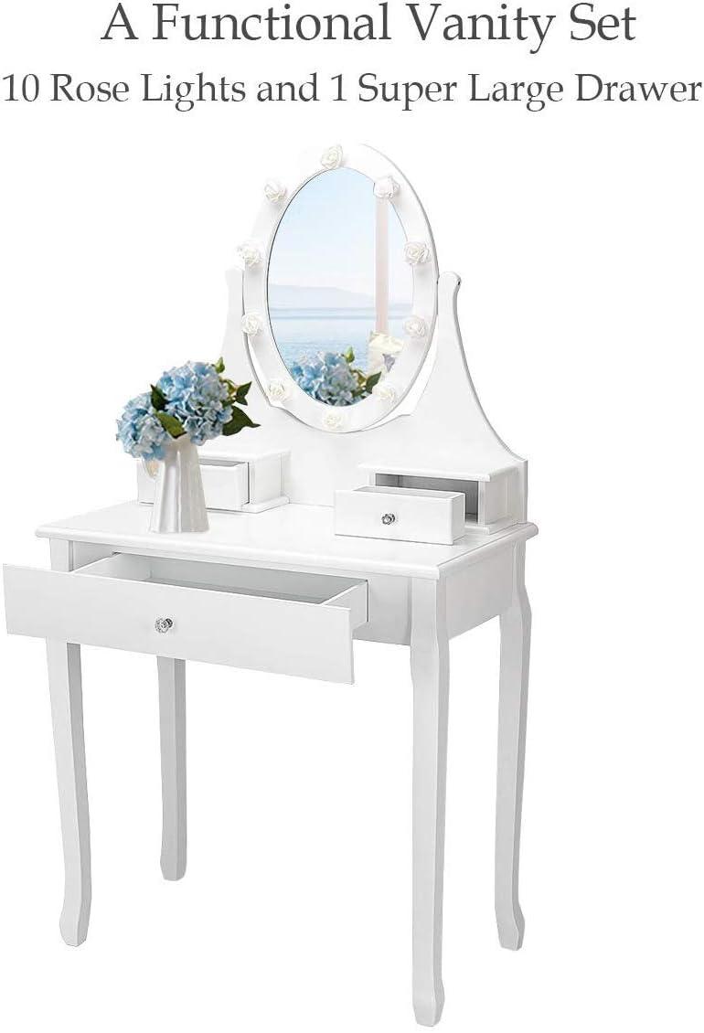 image:imageGiantex Vanity Set with Lighted Mirror Makeup Table with 10 Rose Light Modern Dressing Desk with Cushioned Stool 3 Drawers and 360 Rotating Mirror for Bedroom Vanity Table with Stool BlackWhite