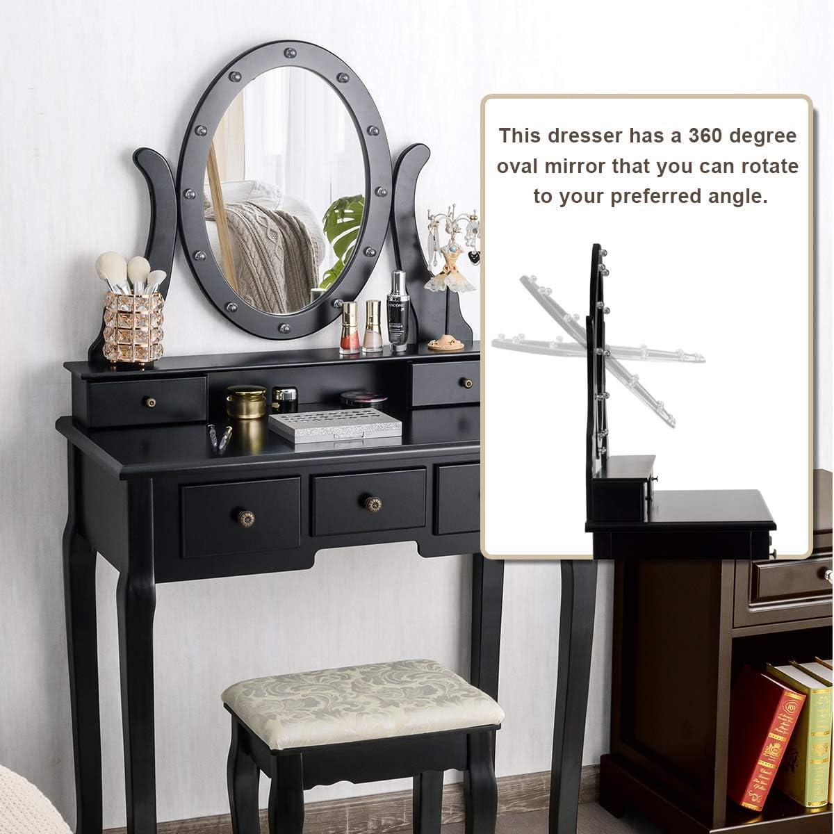 image:imageGiantex Vanity Set with Lighted Mirror Makeup Table with 10 Rose Light Modern Dressing Desk with Cushioned Stool 3 Drawers and 360 Rotating Mirror for Bedroom Vanity Table with Stool BlackBlack