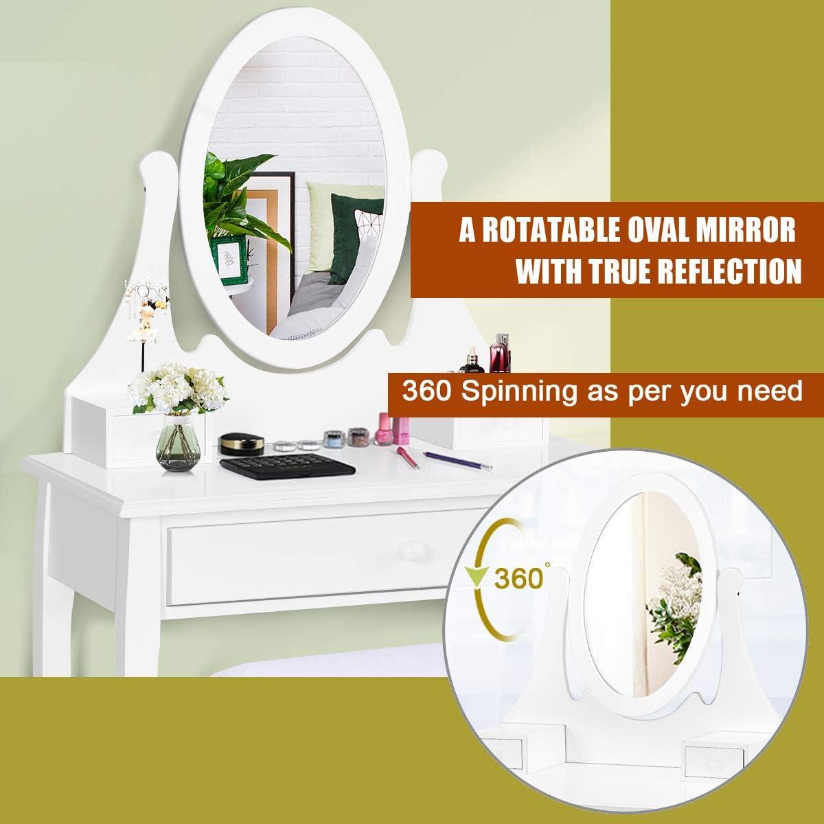 image:imageGiantex Vanity Set with Lighted Mirror Makeup Table with 10 Rose Light Modern Dressing Desk with Cushioned Stool 3 Drawers and 360 Rotating Mirror for Bedroom Vanity Table with Stool BlackWhite
