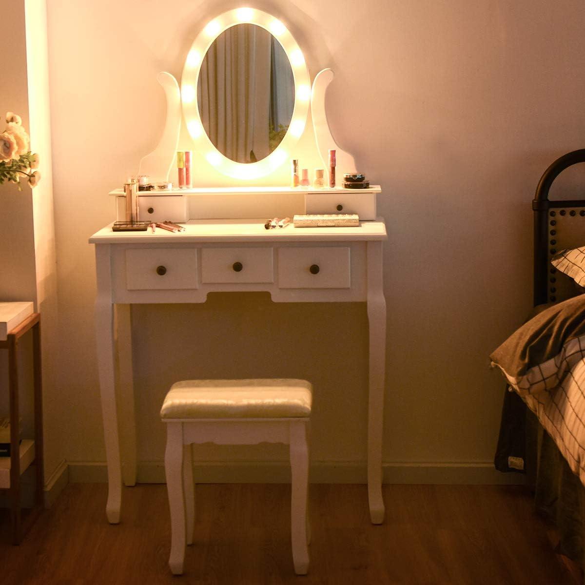 image:imageGiantex Vanity Set with Lighted Mirror Makeup Table with 10 Rose Light Modern Dressing Desk with Cushioned Stool 3 Drawers and 360 Rotating Mirror for Bedroom Vanity Table with Stool BlackWhite
