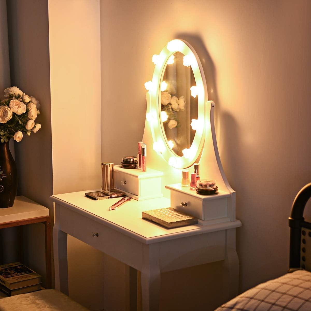 image:imageGiantex Vanity Set with Lighted Mirror Makeup Table with 10 Rose Light Modern Dressing Desk with Cushioned Stool 3 Drawers and 360 Rotating Mirror for Bedroom Vanity Table with Stool BlackWhite