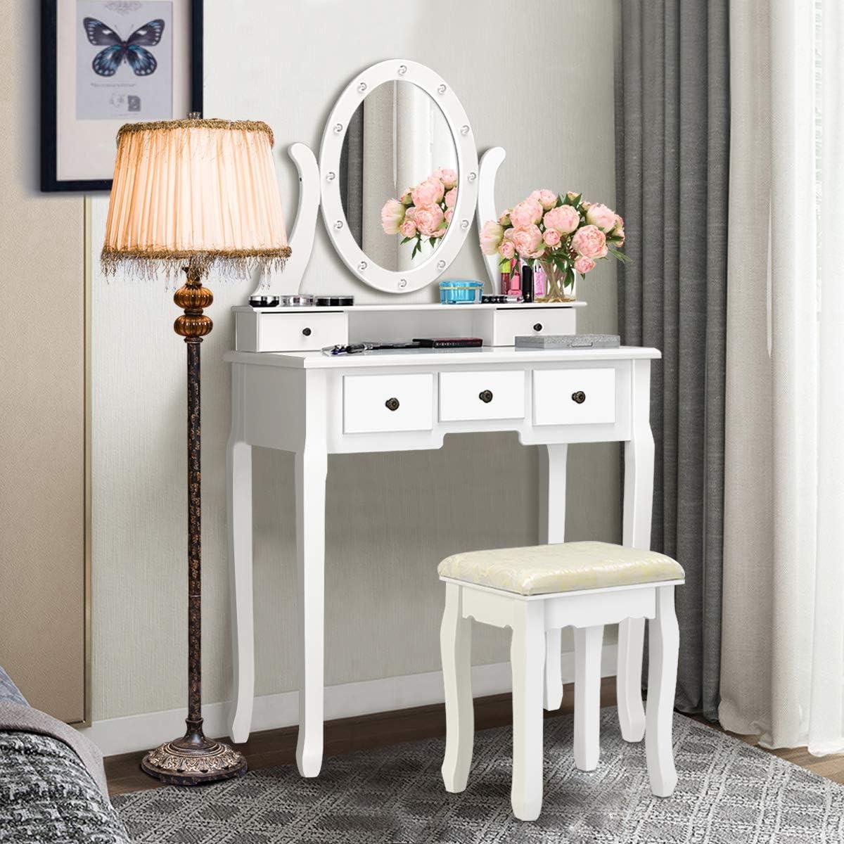 image:imageGiantex Vanity Set with Lighted Mirror Makeup Table with 10 Rose Light Modern Dressing Desk with Cushioned Stool 3 Drawers and 360 Rotating Mirror for Bedroom Vanity Table with Stool BlackWhite