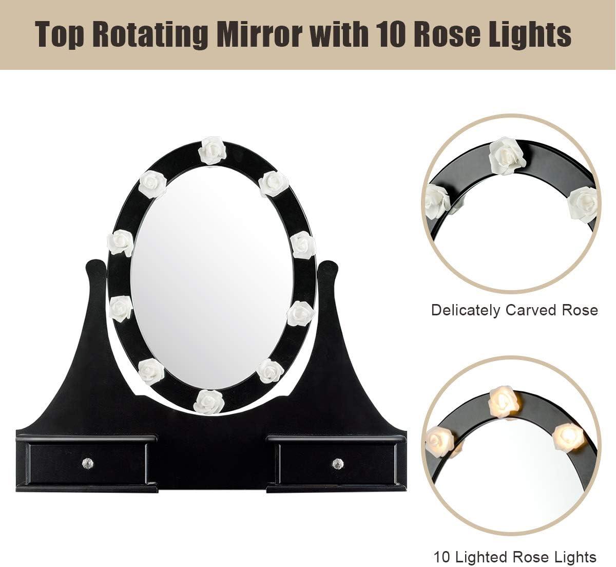 image:imageGiantex Vanity Set with Lighted Mirror Makeup Table with 10 Rose Light Modern Dressing Desk with Cushioned Stool 3 Drawers and 360 Rotating Mirror for Bedroom Vanity Table with Stool BlackBlack