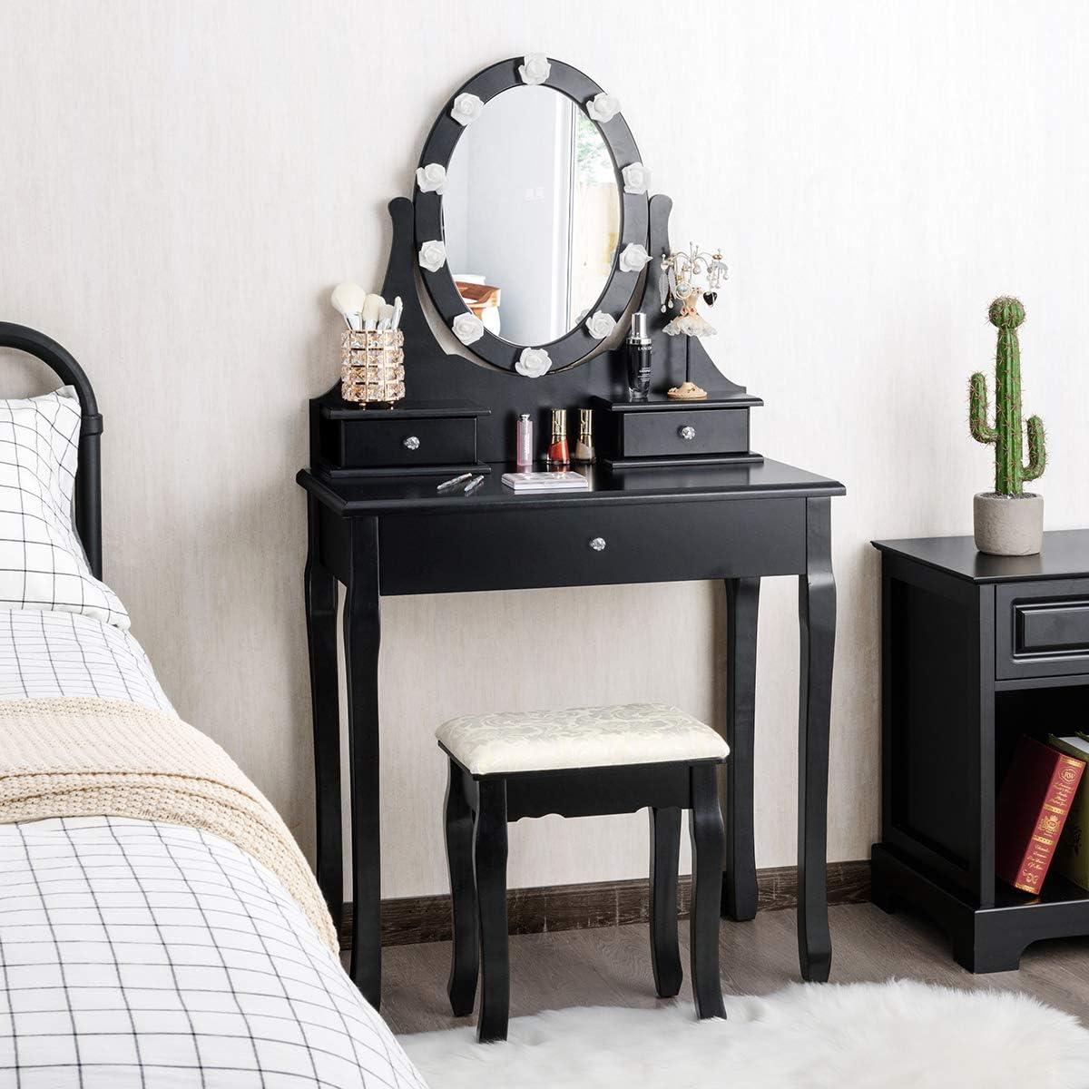 image:imageGiantex Vanity Set with Lighted Mirror Makeup Table with 10 Rose Light Modern Dressing Desk with Cushioned Stool 3 Drawers and 360 Rotating Mirror for Bedroom Vanity Table with Stool BlackBlack