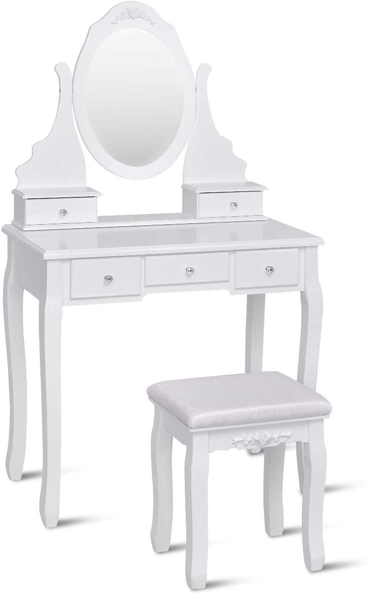 image:imageGiantex Vanity Set with Lighted Mirror Makeup Table with 10 Rose Light Modern Dressing Desk with Cushioned Stool 3 Drawers and 360 Rotating Mirror for Bedroom Vanity Table with Stool BlackWhite