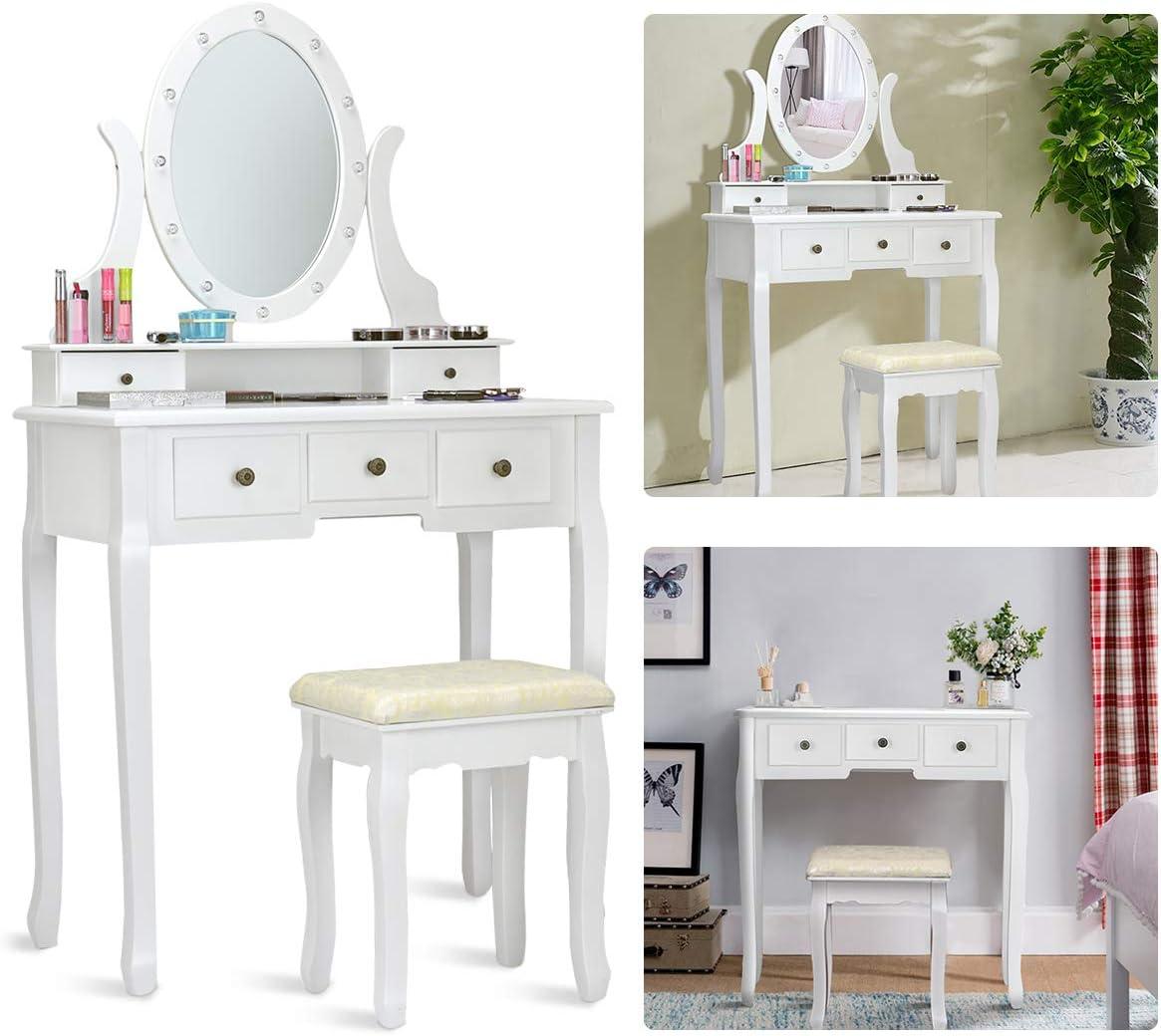 image:imageGiantex Vanity Set with Lighted Mirror Makeup Table with 10 Rose Light Modern Dressing Desk with Cushioned Stool 3 Drawers and 360 Rotating Mirror for Bedroom Vanity Table with Stool BlackWhite