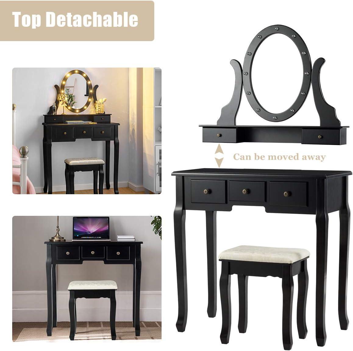 image:imageGiantex Vanity Set with Lighted Mirror Makeup Table with 10 Rose Light Modern Dressing Desk with Cushioned Stool 3 Drawers and 360 Rotating Mirror for Bedroom Vanity Table with Stool BlackBlack