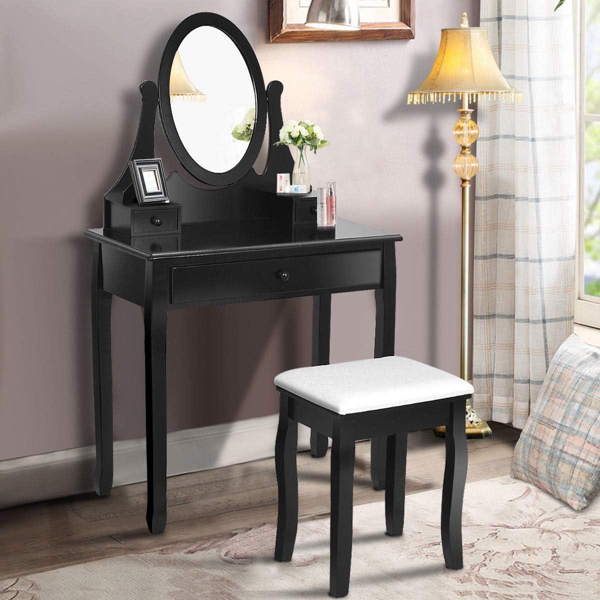 image:imageGiantex Vanity Set with Lighted Mirror Makeup Table with 10 Rose Light Modern Dressing Desk with Cushioned Stool 3 Drawers and 360 Rotating Mirror for Bedroom Vanity Table with Stool BlackBlack