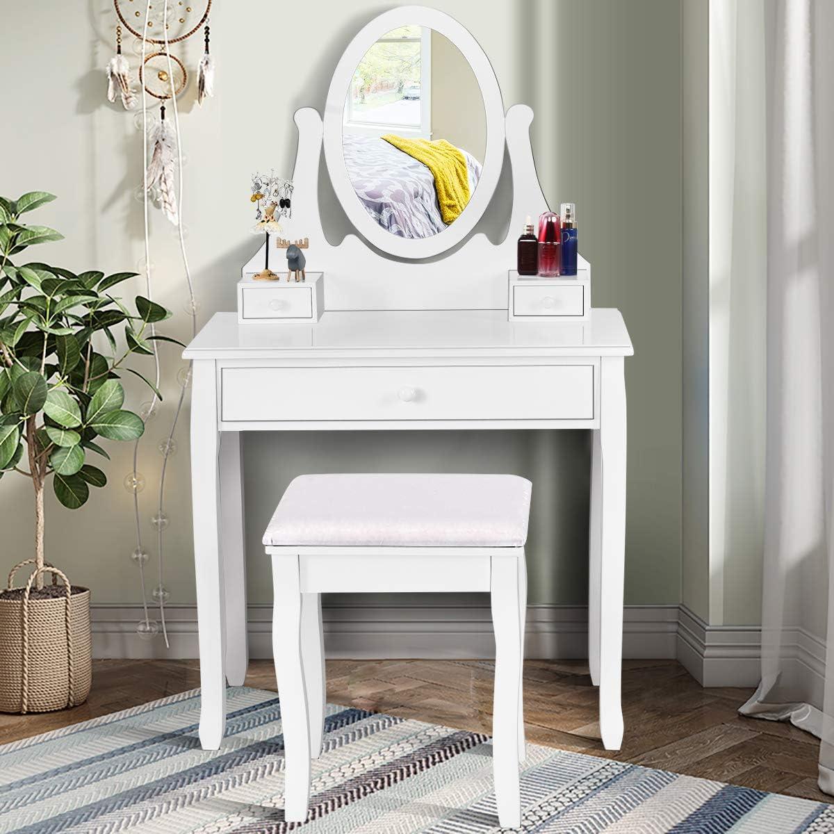 image:imageGiantex Vanity Set with Lighted Mirror Makeup Table with 10 Rose Light Modern Dressing Desk with Cushioned Stool 3 Drawers and 360 Rotating Mirror for Bedroom Vanity Table with Stool BlackWhite