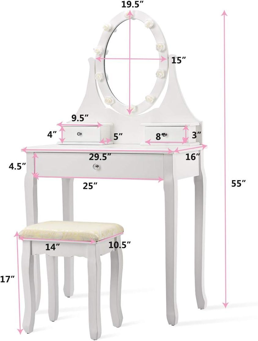 image:imageGiantex Vanity Set with Lighted Mirror Makeup Table with 10 Rose Light Modern Dressing Desk with Cushioned Stool 3 Drawers and 360 Rotating Mirror for Bedroom Vanity Table with Stool BlackWhite