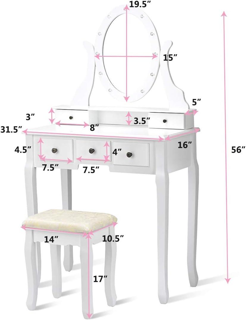 image:imageGiantex Vanity Set with Lighted Mirror Makeup Table with 10 Rose Light Modern Dressing Desk with Cushioned Stool 3 Drawers and 360 Rotating Mirror for Bedroom Vanity Table with Stool BlackWhite