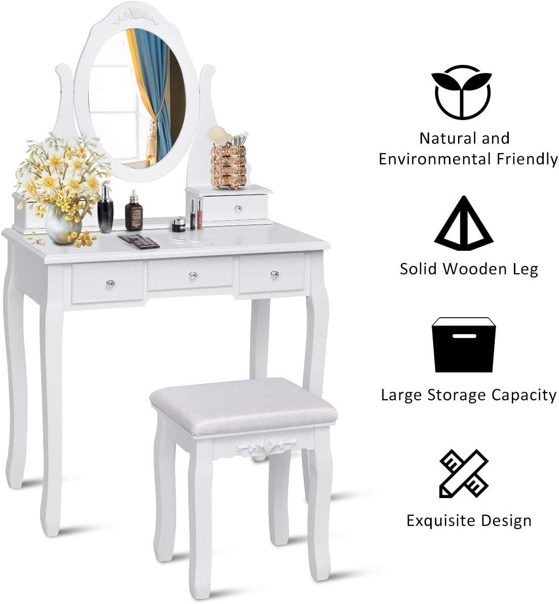 image:imageGiantex Vanity Set with Lighted Mirror Makeup Table with 10 Rose Light Modern Dressing Desk with Cushioned Stool 3 Drawers and 360 Rotating Mirror for Bedroom Vanity Table with Stool BlackWhite