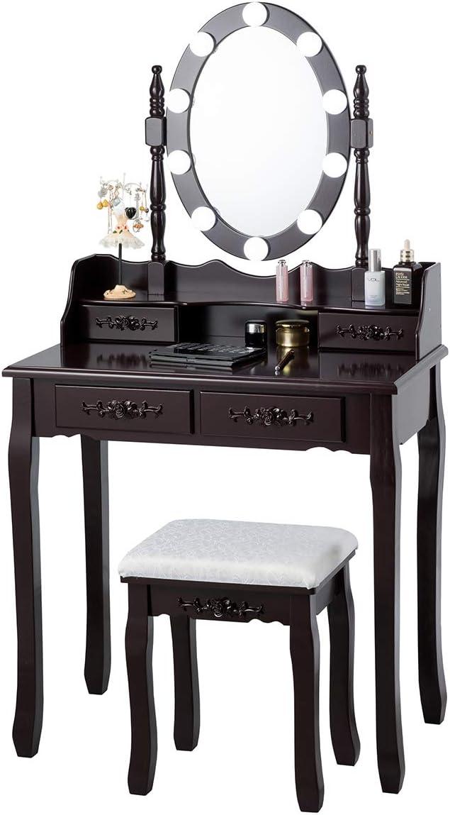 image:imageGiantex Vanity Set with Lighted Mirror Makeup Table with 10 Rose Light Modern Dressing Desk with Cushioned Stool 3 Drawers and 360 Rotating Mirror for Bedroom Vanity Table with Stool BlackEspresso