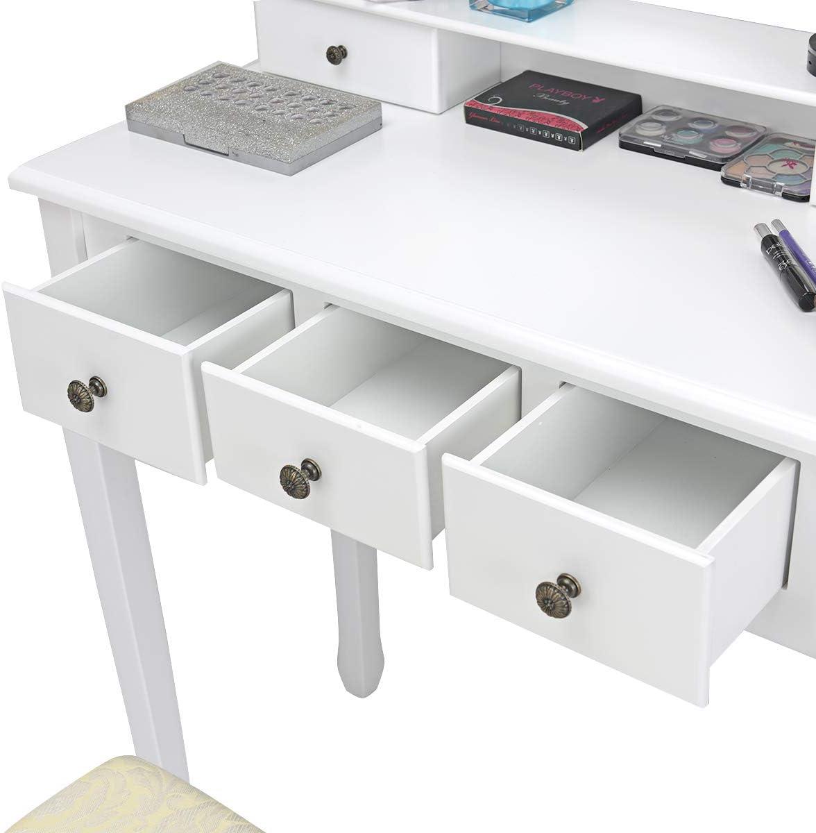 image:imageGiantex Vanity Set with Lighted Mirror Makeup Table with 10 Rose Light Modern Dressing Desk with Cushioned Stool 3 Drawers and 360 Rotating Mirror for Bedroom Vanity Table with Stool BlackWhite