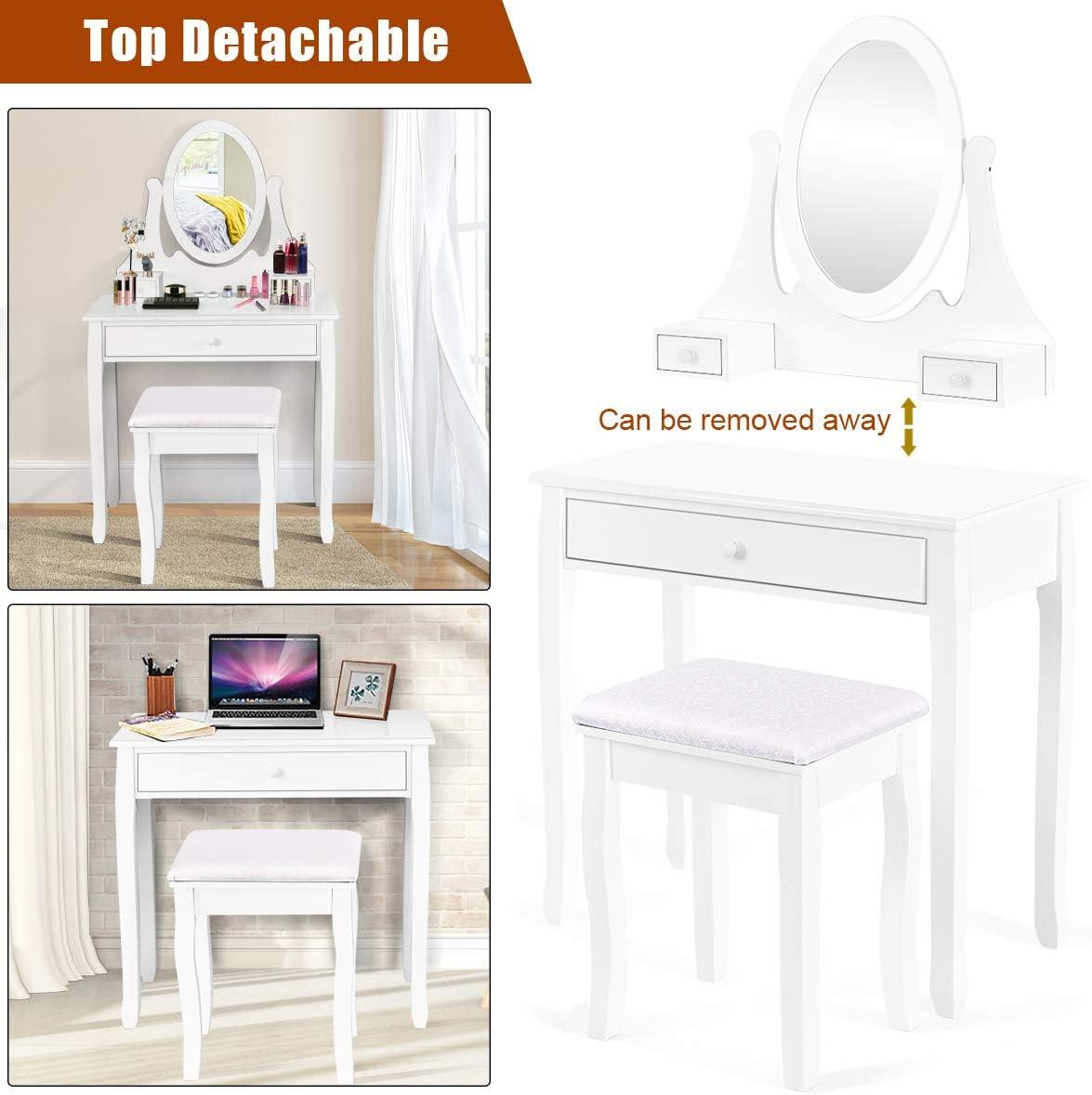 image:imageGiantex Vanity Set with Lighted Mirror Makeup Table with 10 Rose Light Modern Dressing Desk with Cushioned Stool 3 Drawers and 360 Rotating Mirror for Bedroom Vanity Table with Stool BlackWhite