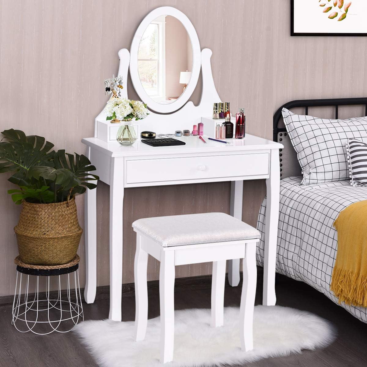 image:imageGiantex Vanity Set with Lighted Mirror Makeup Table with 10 Rose Light Modern Dressing Desk with Cushioned Stool 3 Drawers and 360 Rotating Mirror for Bedroom Vanity Table with Stool BlackWhite