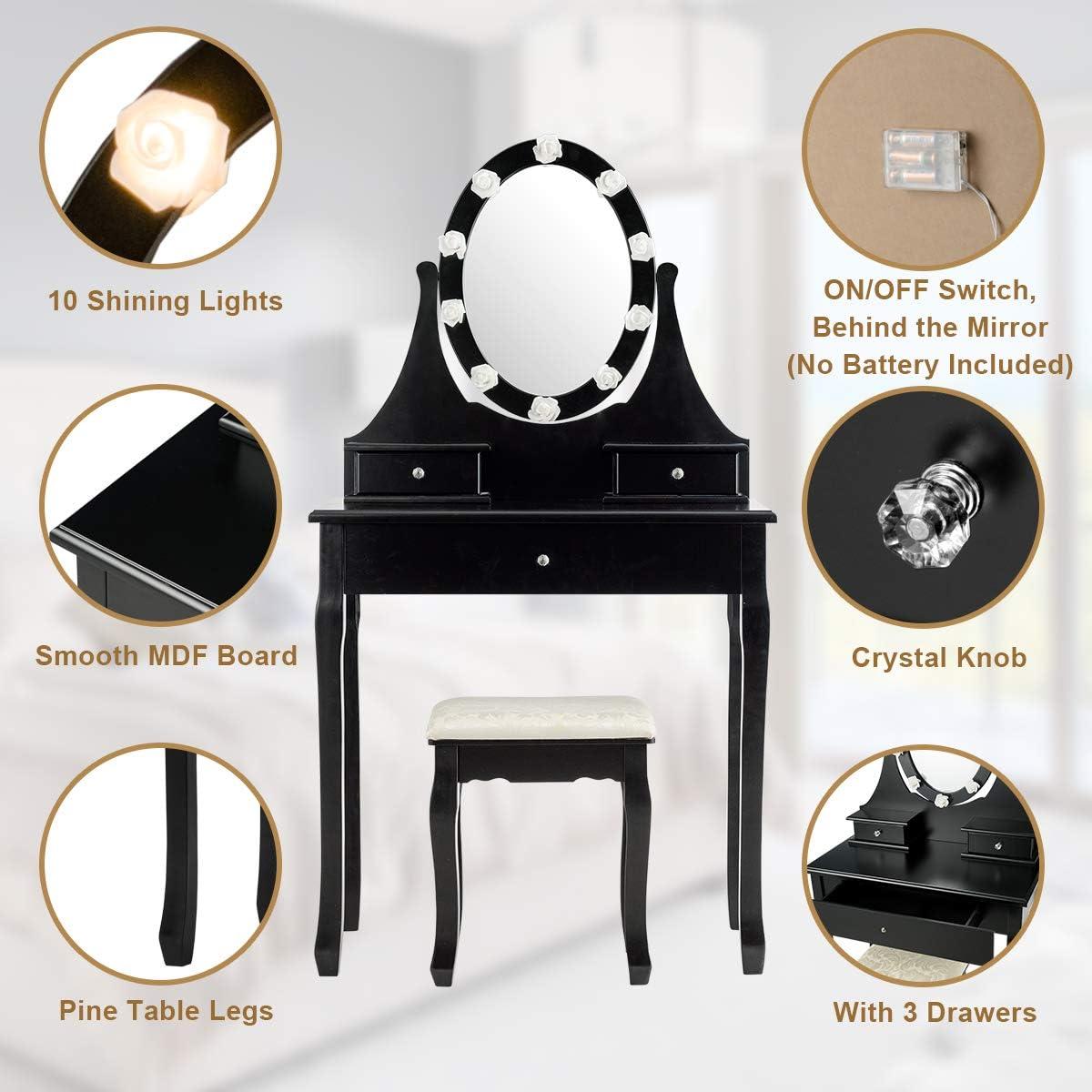 image:imageGiantex Vanity Set with Lighted Mirror Makeup Table with 10 Rose Light Modern Dressing Desk with Cushioned Stool 3 Drawers and 360 Rotating Mirror for Bedroom Vanity Table with Stool BlackBlack