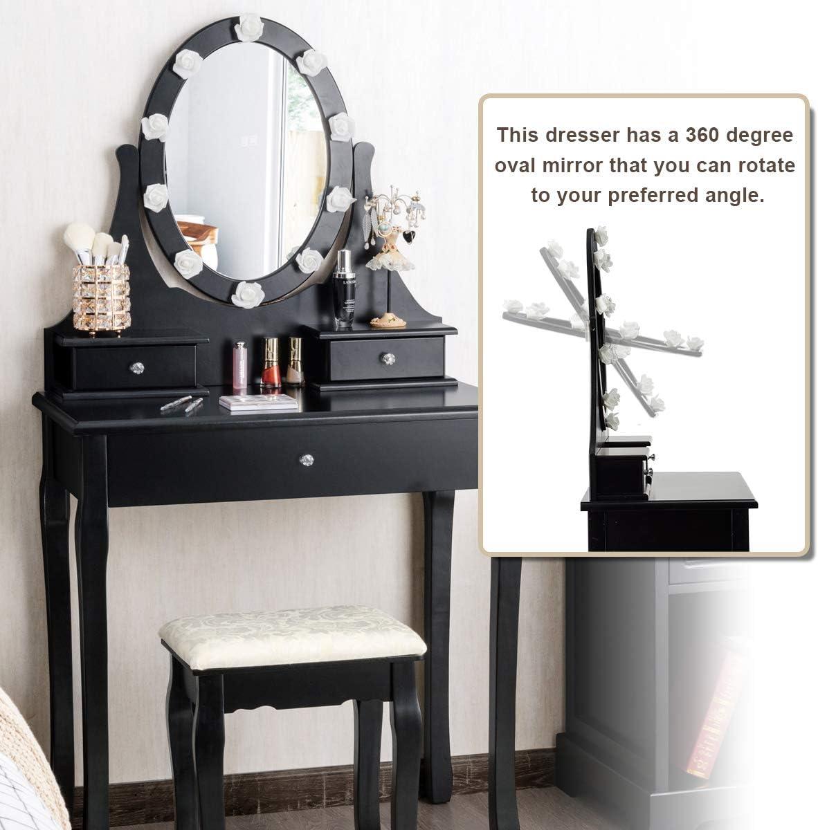 image:imageGiantex Vanity Set with Lighted Mirror Makeup Table with 10 Rose Light Modern Dressing Desk with Cushioned Stool 3 Drawers and 360 Rotating Mirror for Bedroom Vanity Table with Stool BlackBlack