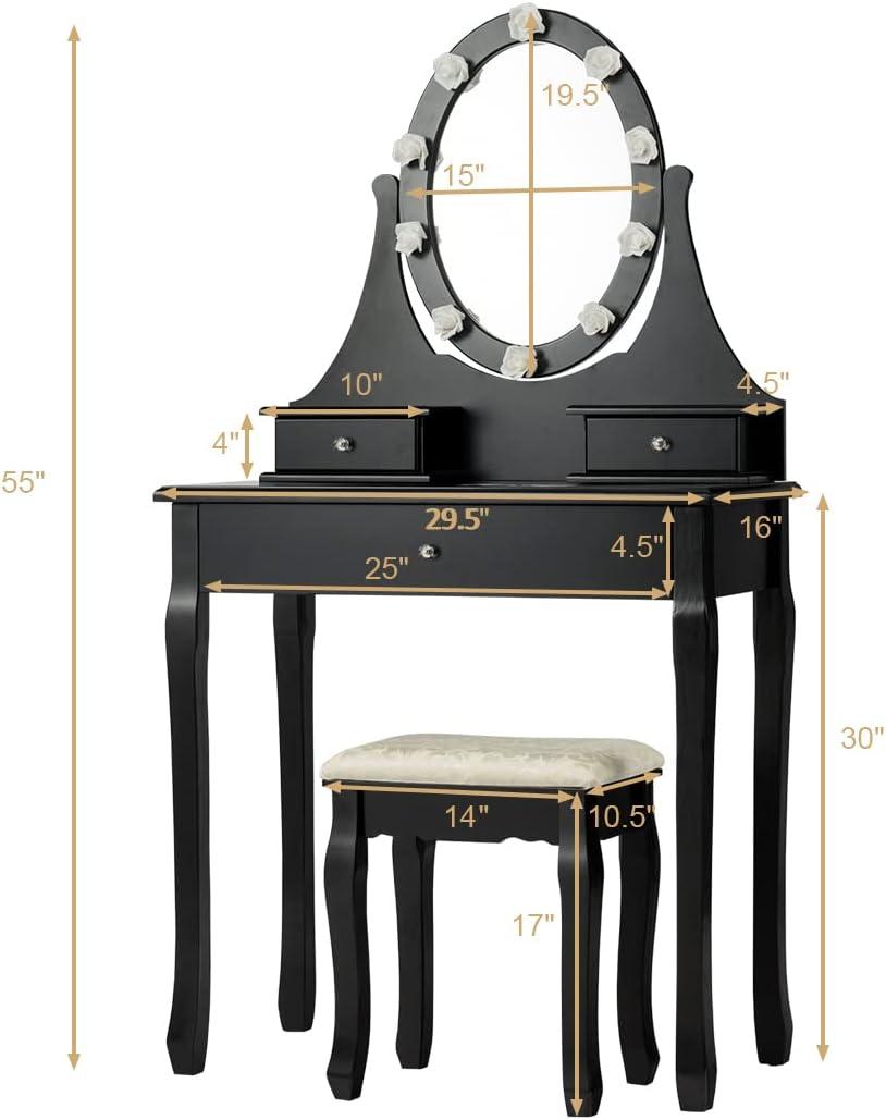 image:imageGiantex Vanity Set with Lighted Mirror Makeup Table with 10 Rose Light Modern Dressing Desk with Cushioned Stool 3 Drawers and 360 Rotating Mirror for Bedroom Vanity Table with Stool BlackBlack
