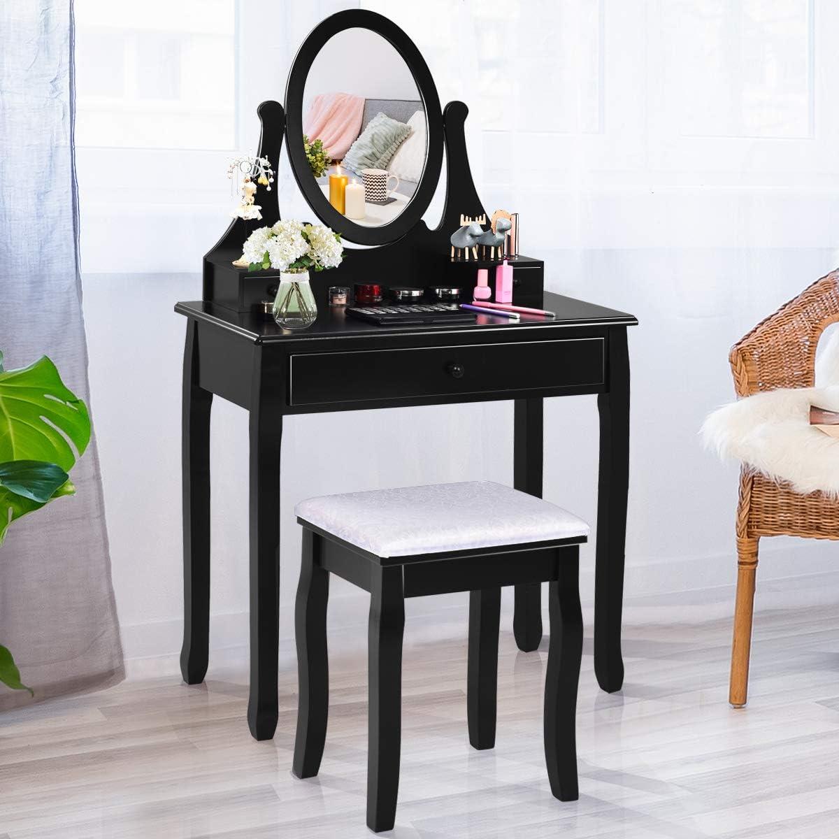image:imageGiantex Vanity Set with Lighted Mirror Makeup Table with 10 Rose Light Modern Dressing Desk with Cushioned Stool 3 Drawers and 360 Rotating Mirror for Bedroom Vanity Table with Stool BlackBlack