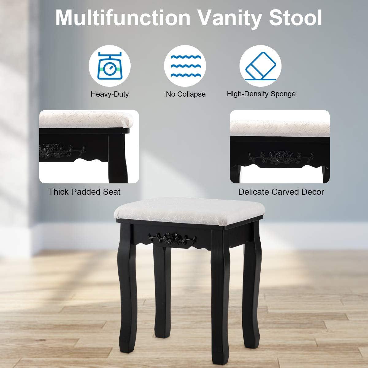 image:imageGiantex Vanity Set with Lighted Mirror Makeup Table with 10 Rose Light Modern Dressing Desk with Cushioned Stool 3 Drawers and 360 Rotating Mirror for Bedroom Vanity Table with Stool BlackBlack