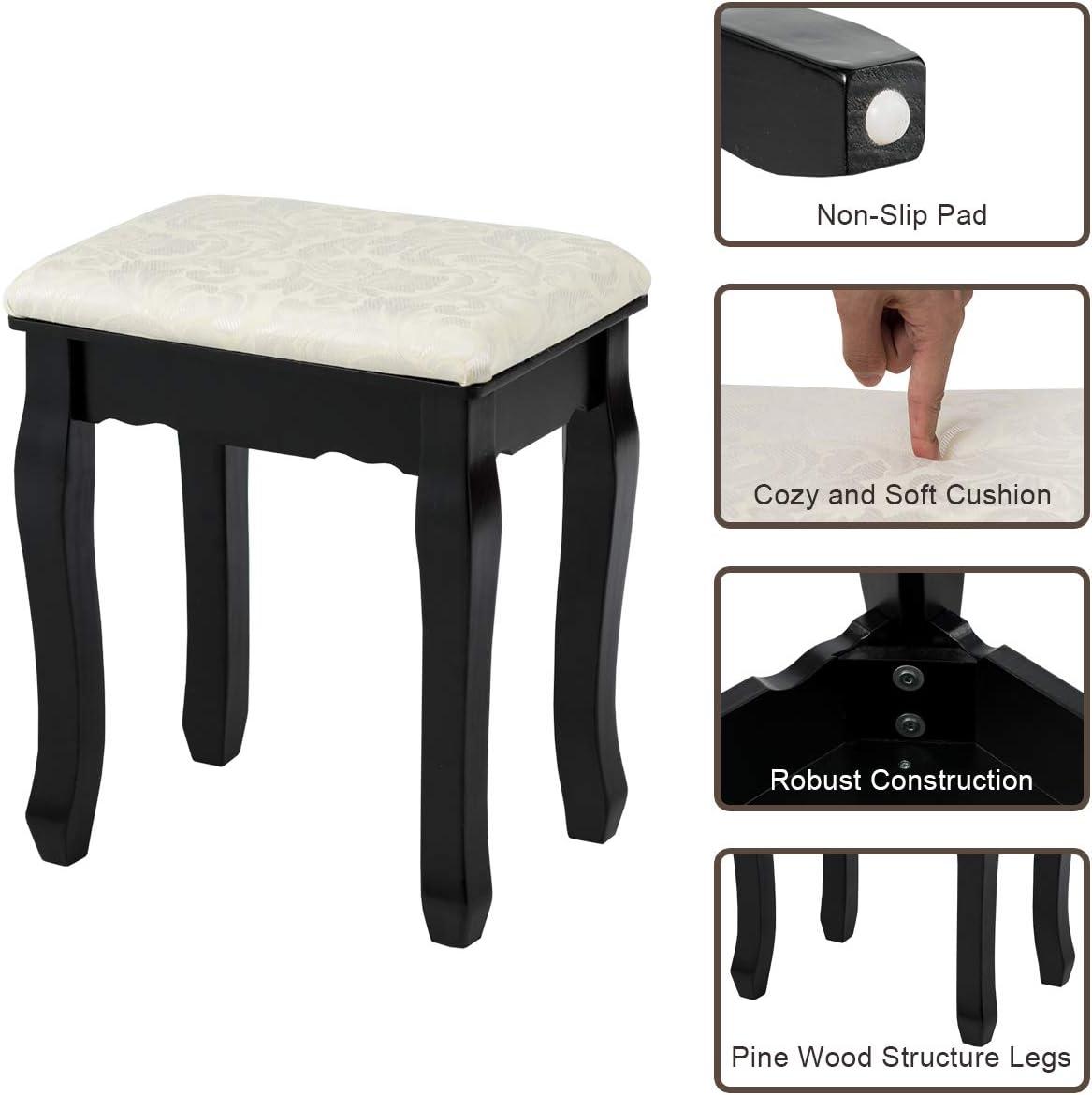 image:imageGiantex Vanity Set with Lighted Mirror Makeup Table with 10 Rose Light Modern Dressing Desk with Cushioned Stool 3 Drawers and 360 Rotating Mirror for Bedroom Vanity Table with Stool BlackBlack