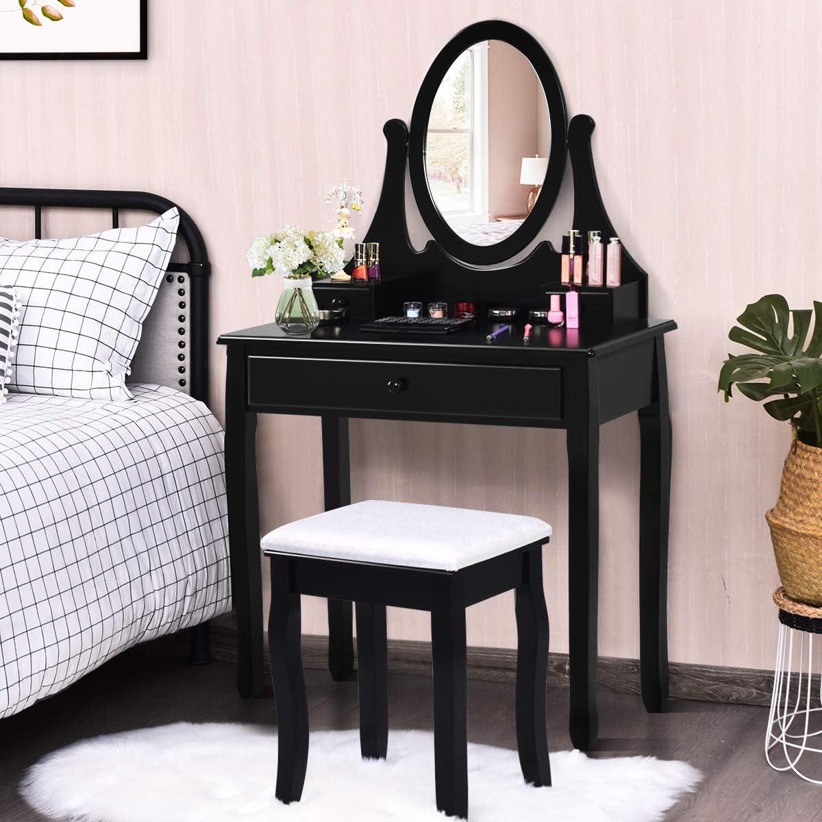 image:imageGiantex Vanity Set with Lighted Mirror Makeup Table with 10 Rose Light Modern Dressing Desk with Cushioned Stool 3 Drawers and 360 Rotating Mirror for Bedroom Vanity Table with Stool BlackBlack