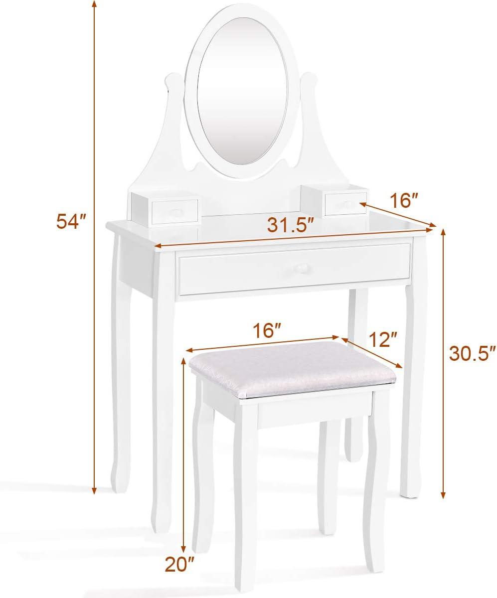 image:imageGiantex Vanity Set with Lighted Mirror Makeup Table with 10 Rose Light Modern Dressing Desk with Cushioned Stool 3 Drawers and 360 Rotating Mirror for Bedroom Vanity Table with Stool BlackWhite