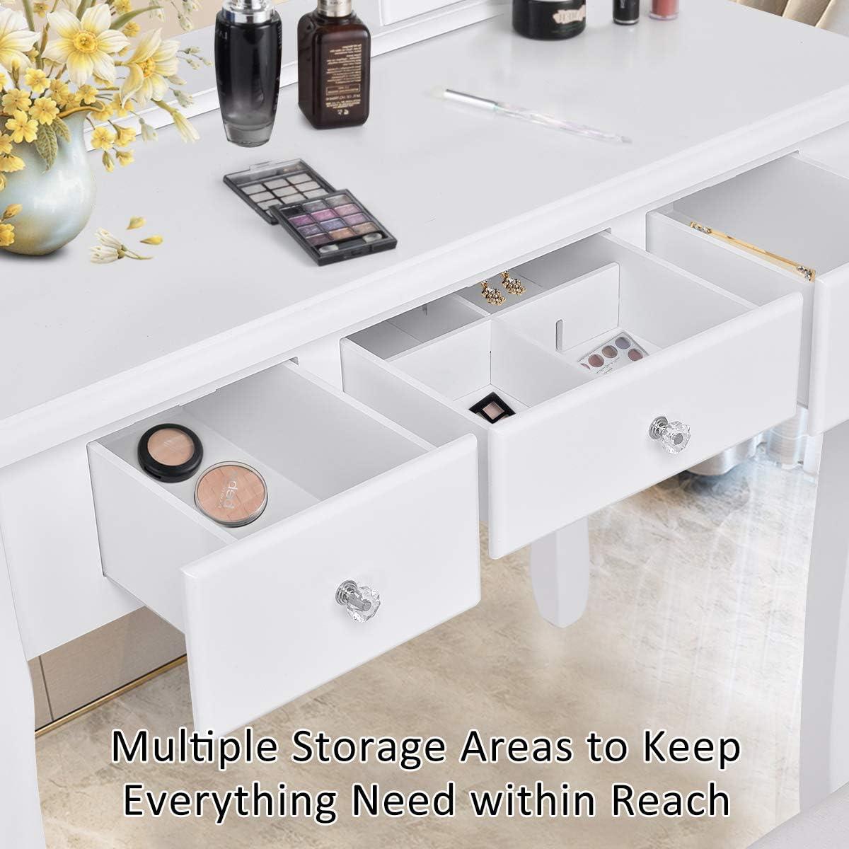 image:imageGiantex Vanity Set with Lighted Mirror Makeup Table with 10 Rose Light Modern Dressing Desk with Cushioned Stool 3 Drawers and 360 Rotating Mirror for Bedroom Vanity Table with Stool BlackWhite