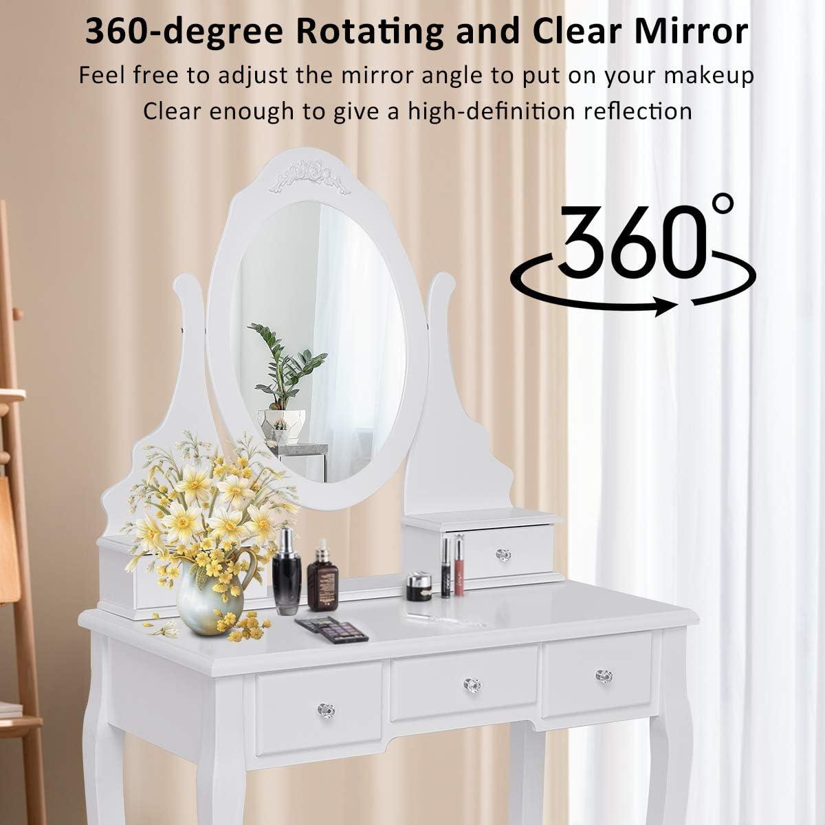 image:imageGiantex Vanity Set with Lighted Mirror Makeup Table with 10 Rose Light Modern Dressing Desk with Cushioned Stool 3 Drawers and 360 Rotating Mirror for Bedroom Vanity Table with Stool BlackWhite