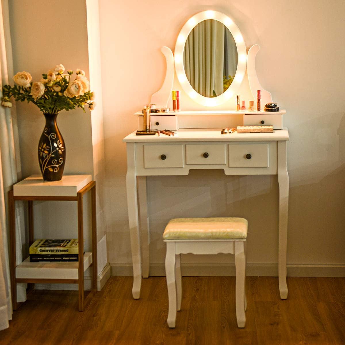 image:imageGiantex Vanity Set with Lighted Mirror Makeup Table with 10 Rose Light Modern Dressing Desk with Cushioned Stool 3 Drawers and 360 Rotating Mirror for Bedroom Vanity Table with Stool BlackWhite