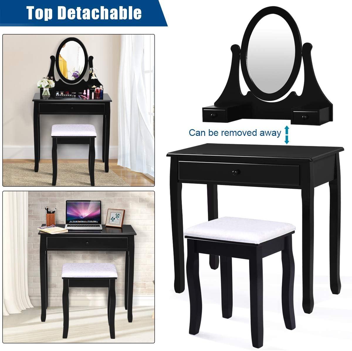 image:imageGiantex Vanity Set with Lighted Mirror Makeup Table with 10 Rose Light Modern Dressing Desk with Cushioned Stool 3 Drawers and 360 Rotating Mirror for Bedroom Vanity Table with Stool BlackBlack