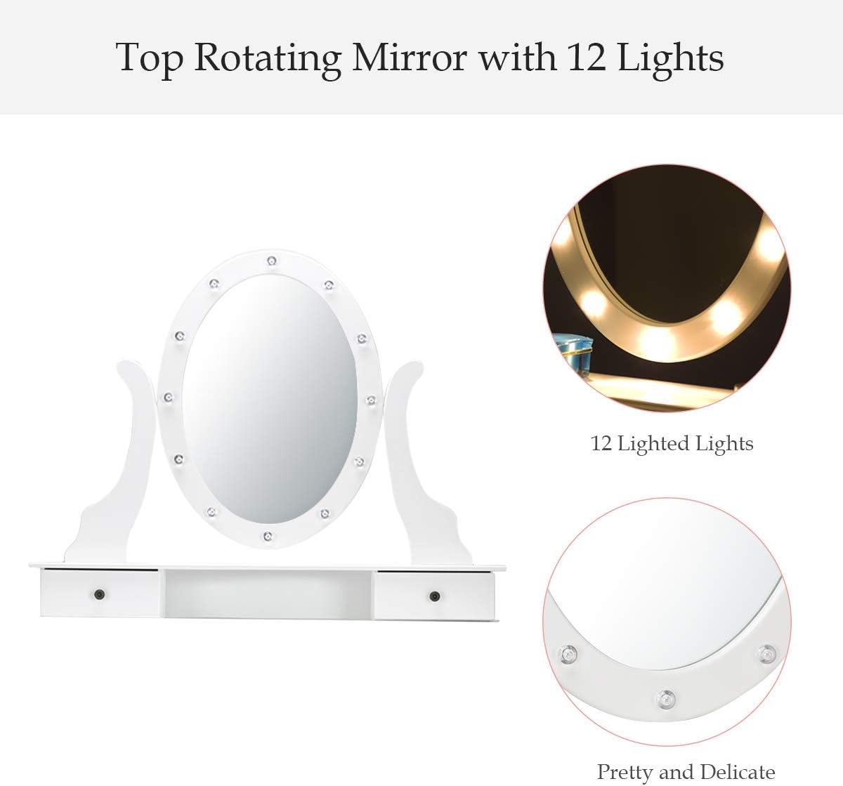 image:imageGiantex Vanity Set with Lighted Mirror Makeup Table with 10 Rose Light Modern Dressing Desk with Cushioned Stool 3 Drawers and 360 Rotating Mirror for Bedroom Vanity Table with Stool BlackWhite