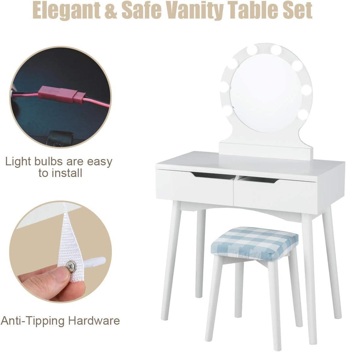 image:imageGiantex Vanity Set with Round Lighted Mirror Makeup Dressing Table with 8 Light Bulbs and Brightness Adjustable Bedroom Makeup Table with Cushioned Stool and 2 Sliding Drawers WhiteWhite