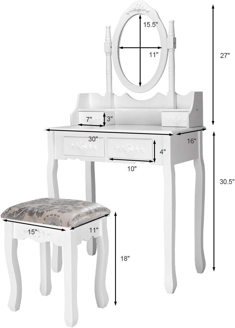 image:imageGiantex Vanity Set with Round Lighted Mirror Makeup Dressing Table with 8 Light Bulbs and Brightness Adjustable Bedroom Makeup Table with Cushioned Stool and 2 Sliding Drawers WhiteWhite