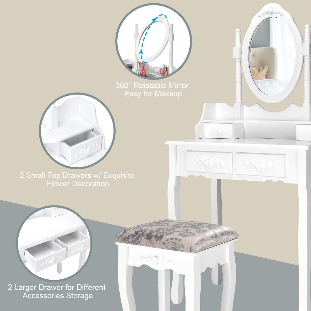 image:imageGiantex Vanity Set with Round Lighted Mirror Makeup Dressing Table with 8 Light Bulbs and Brightness Adjustable Bedroom Makeup Table with Cushioned Stool and 2 Sliding Drawers WhiteWhite